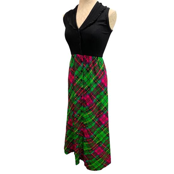 Small 1960s Vintage Bright Plaid Maxi Dress Button Up Sleeveless - Picture 3 of 9